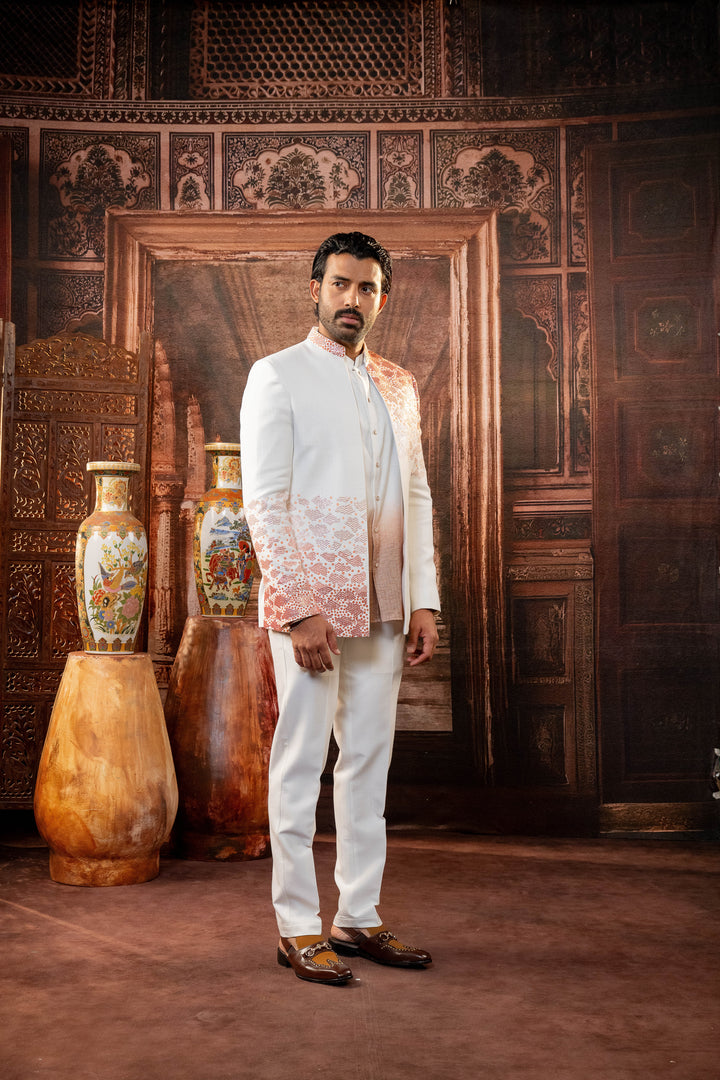 White Linen Silk Handpainted Jacket Set