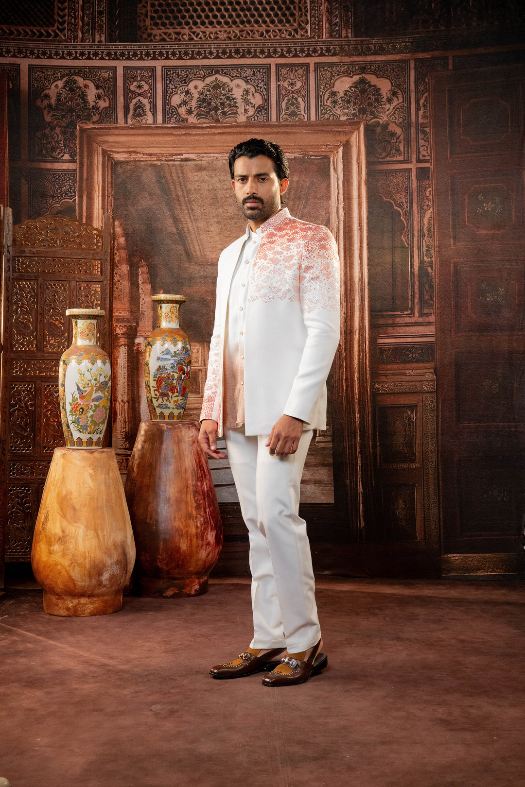 White Linen Silk Handpainted Jacket Set – Image 3