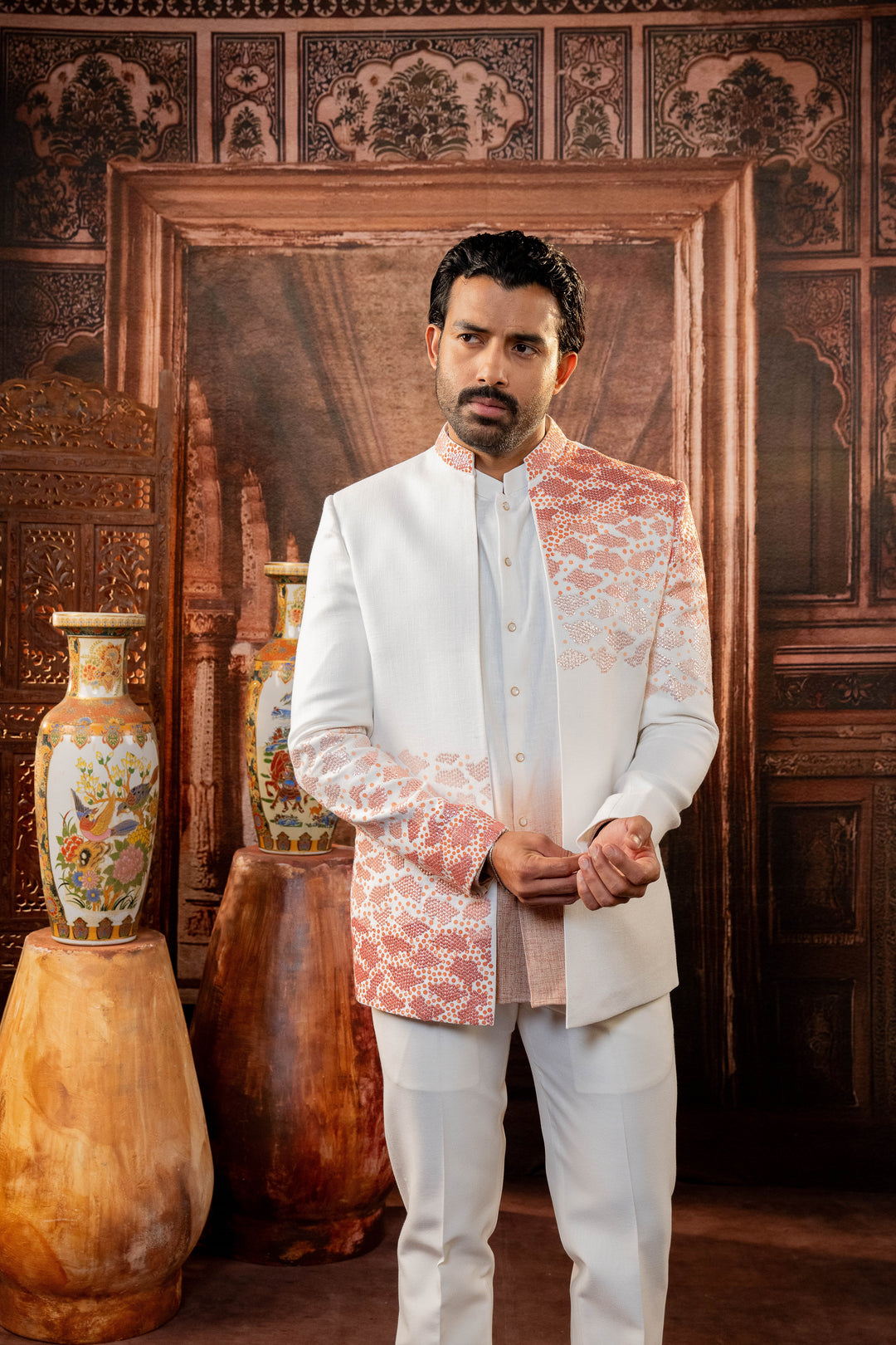 White Linen Silk Handpainted Jacket Set – Image 1