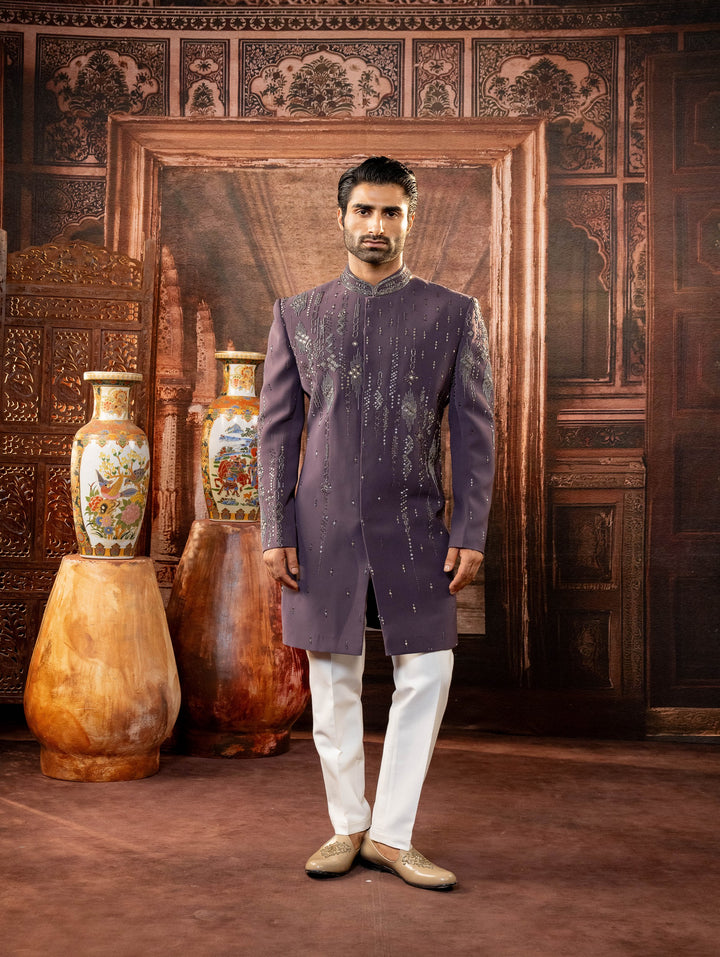 purple indo western with bead embroidery