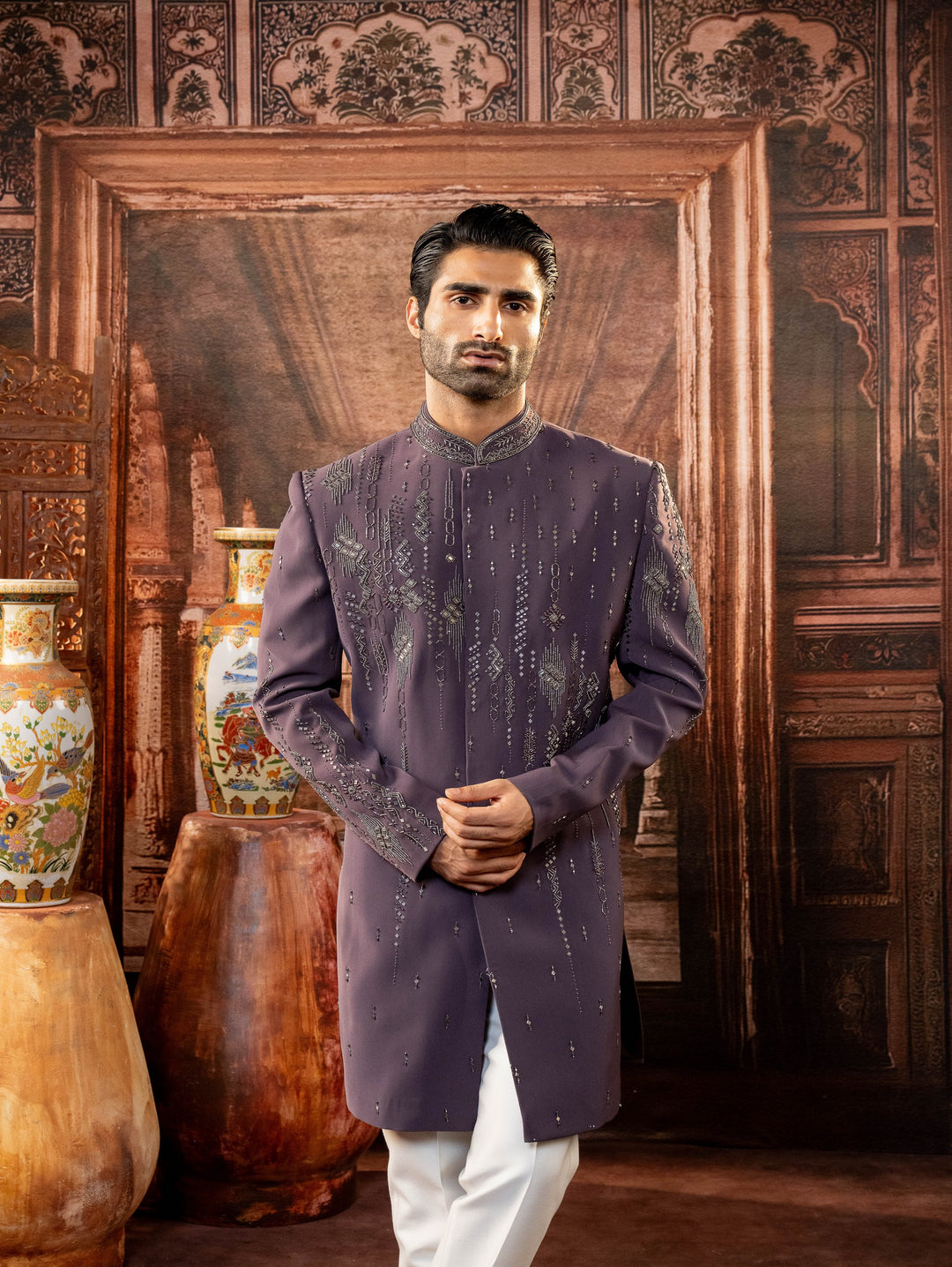 purple indo western with bead embroidery