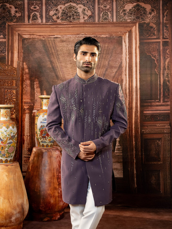 purple indo western with bead embroidery