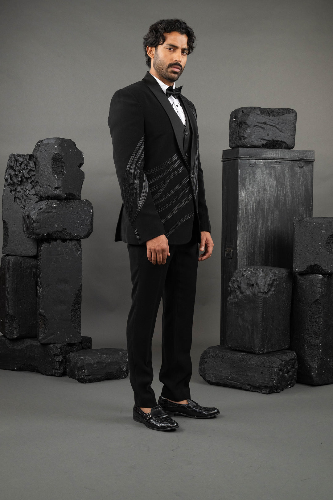 Black Japanese Fabric Metallic Work Tuxedo Set