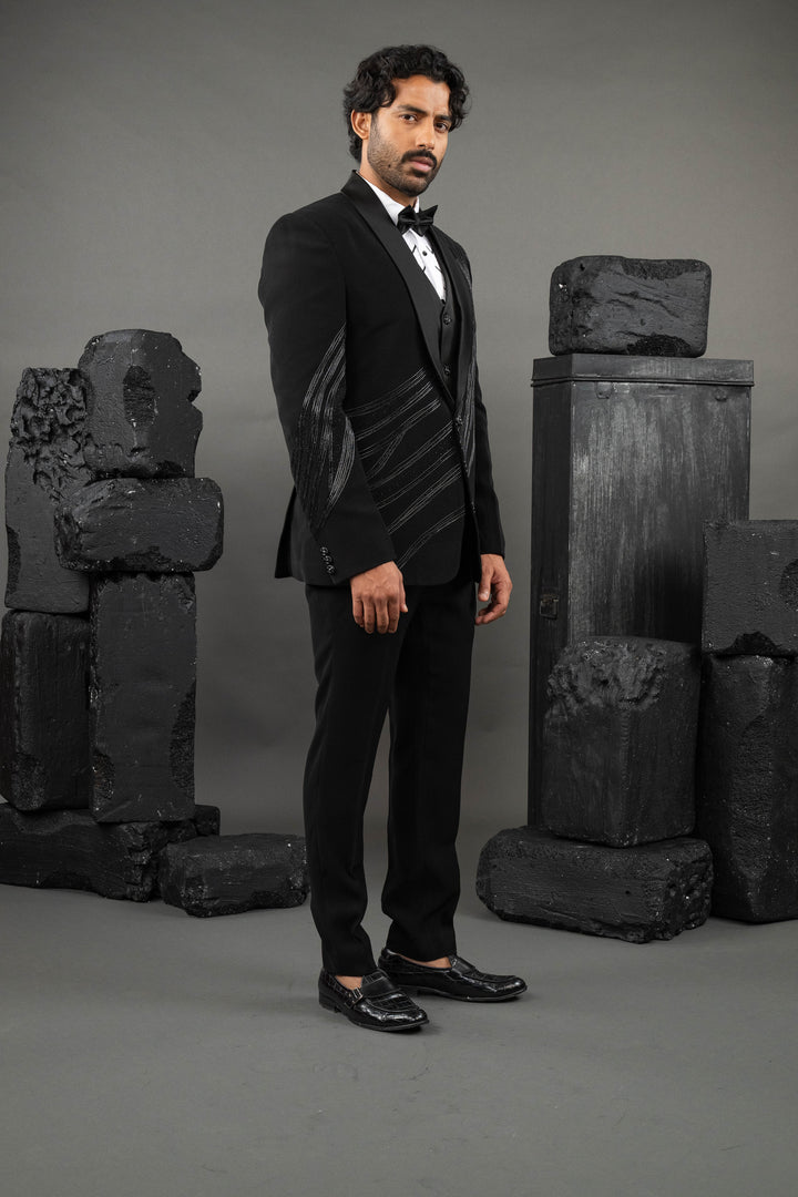 Black Japanese Fabric Metallic Work Tuxedo Set