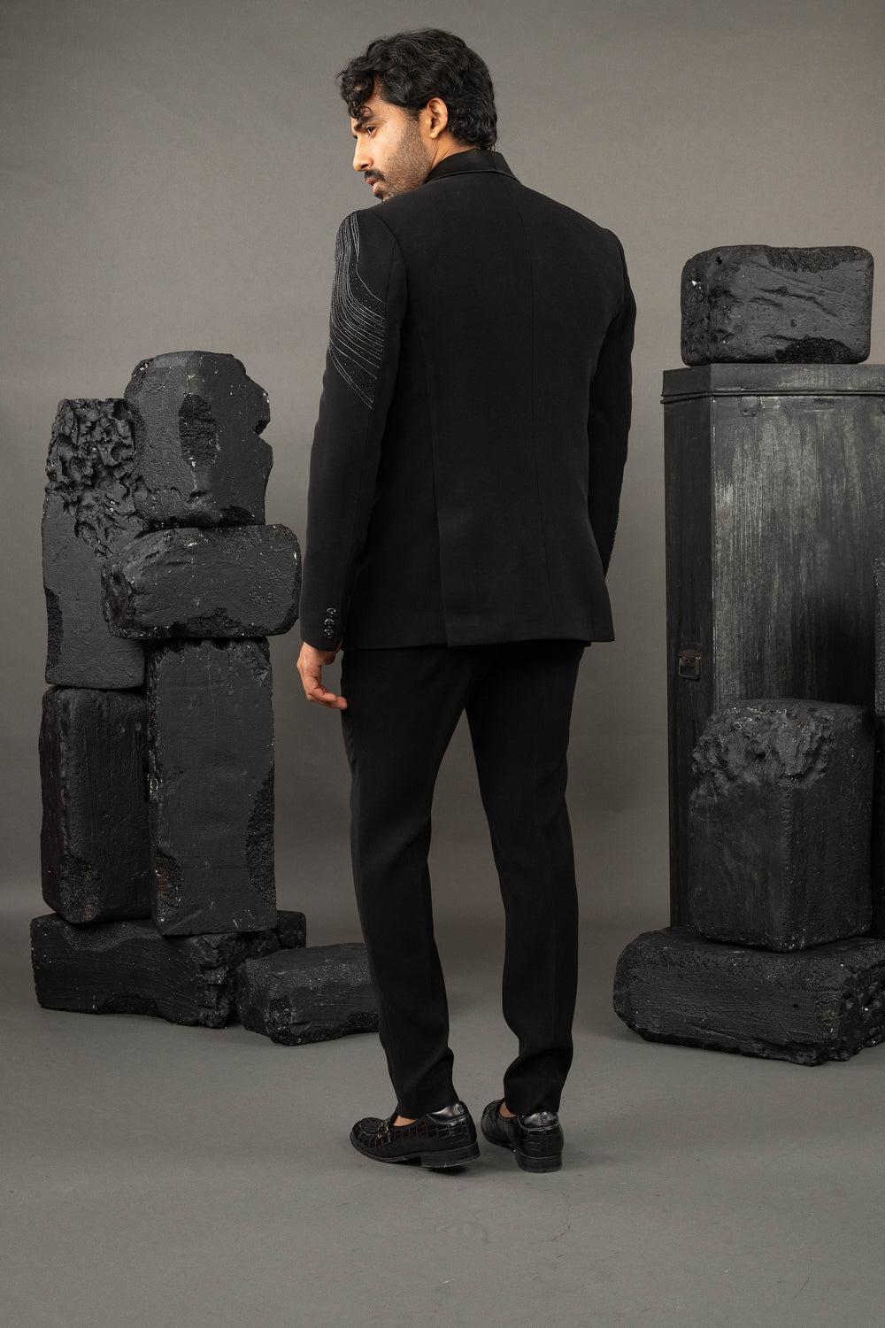 Black Japanese Fabric Metallic Work Tuxedo Set