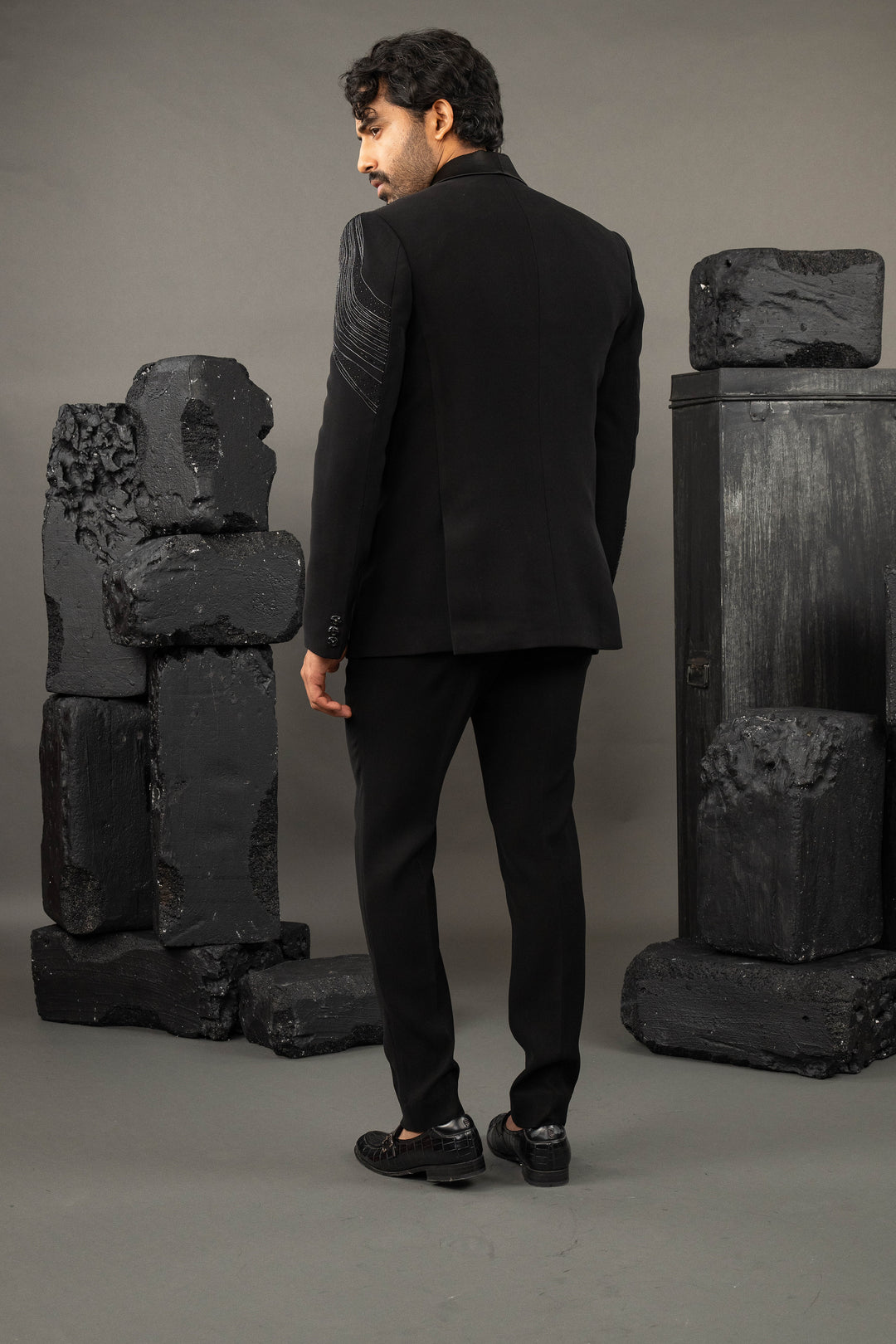 Black Japanese Fabric Metallic Work Tuxedo Set – Image 2