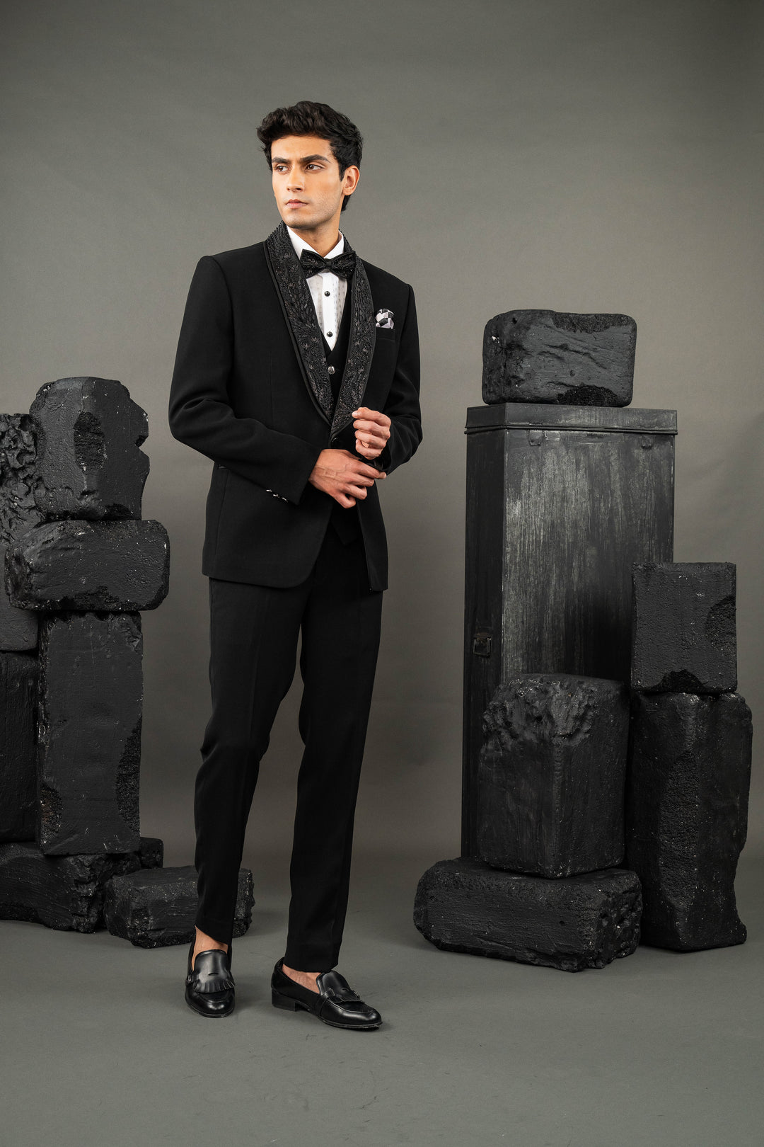 Black Japanese Fabric Beadwork Tuxedo Set