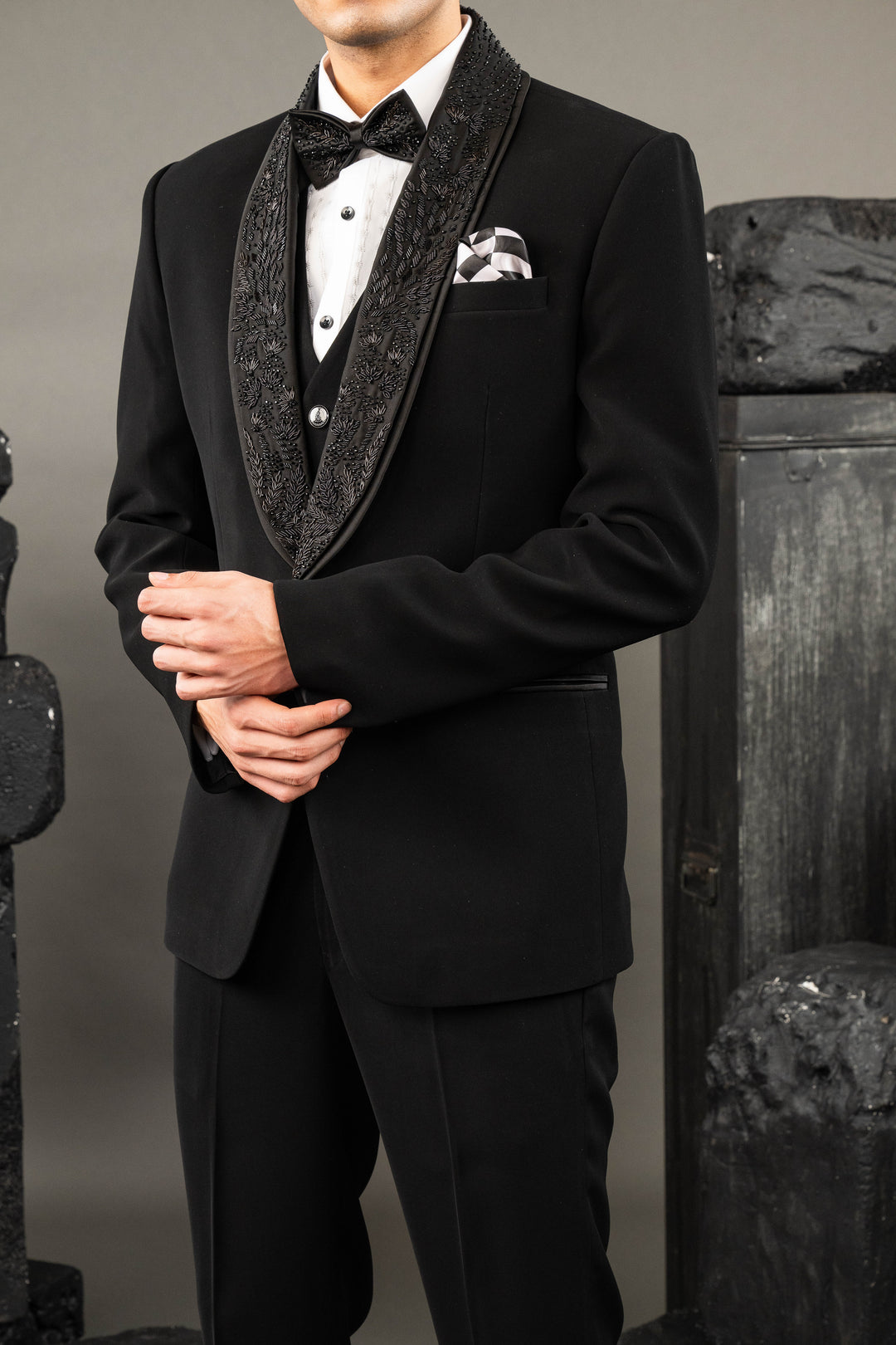 Black Japanese Fabric Beadwork Tuxedo Set – Image 5