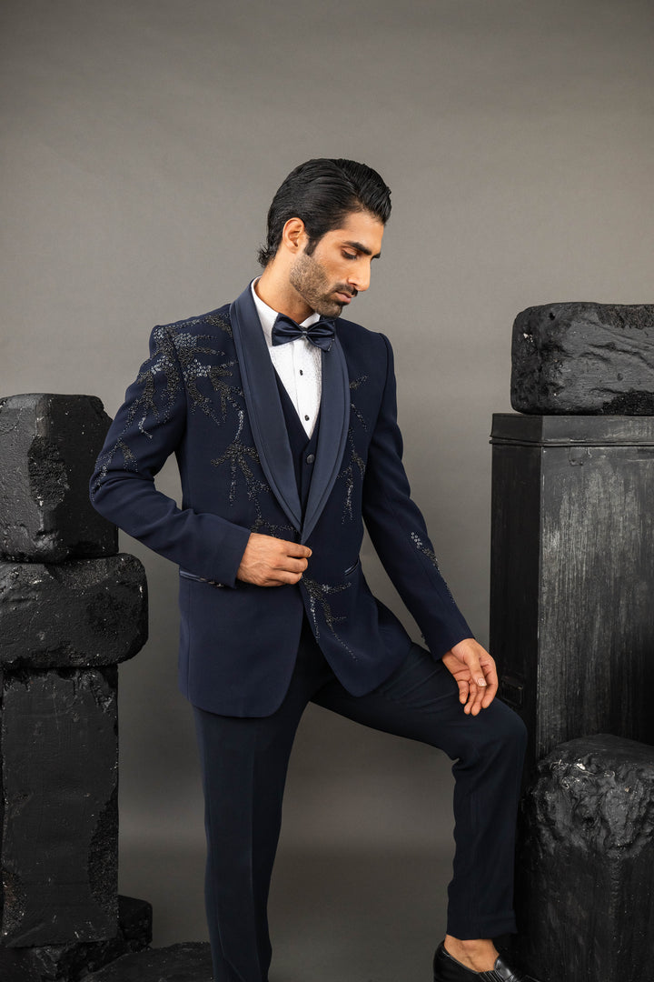 Blue Japanese Fabric Hand Embroidered Tuxedo Set