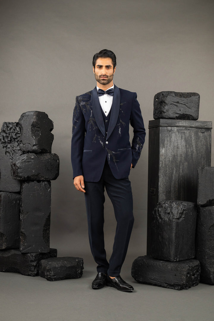Blue Japanese Fabric Hand Embroidered Tuxedo Set