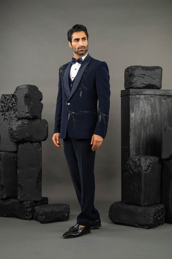 Blue Japanese Fabric Hand Embroidered Tuxedo Set