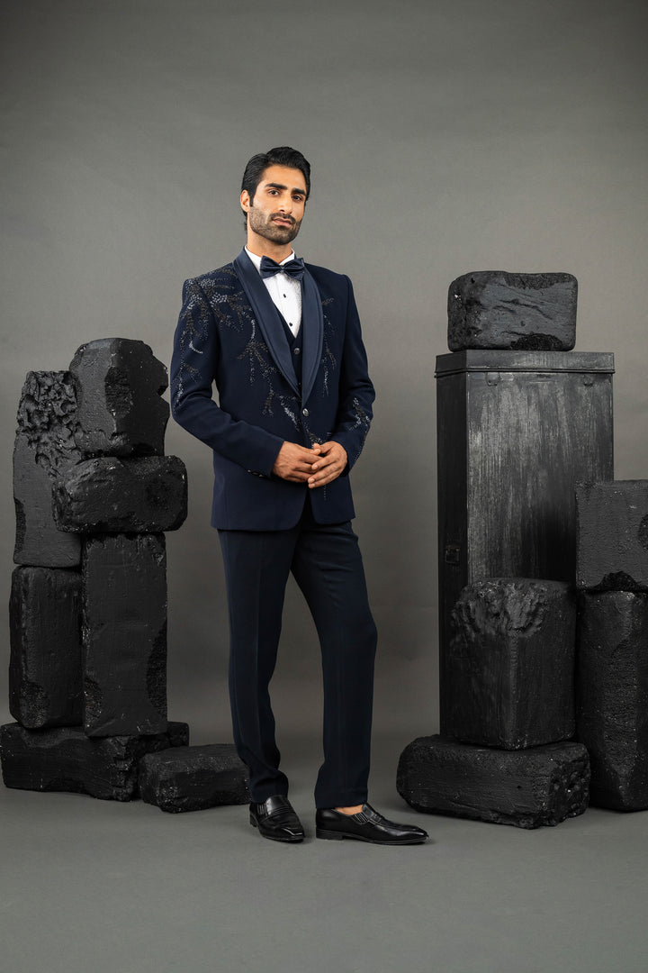 Blue Japanese Fabric Hand Embroidered Tuxedo Set