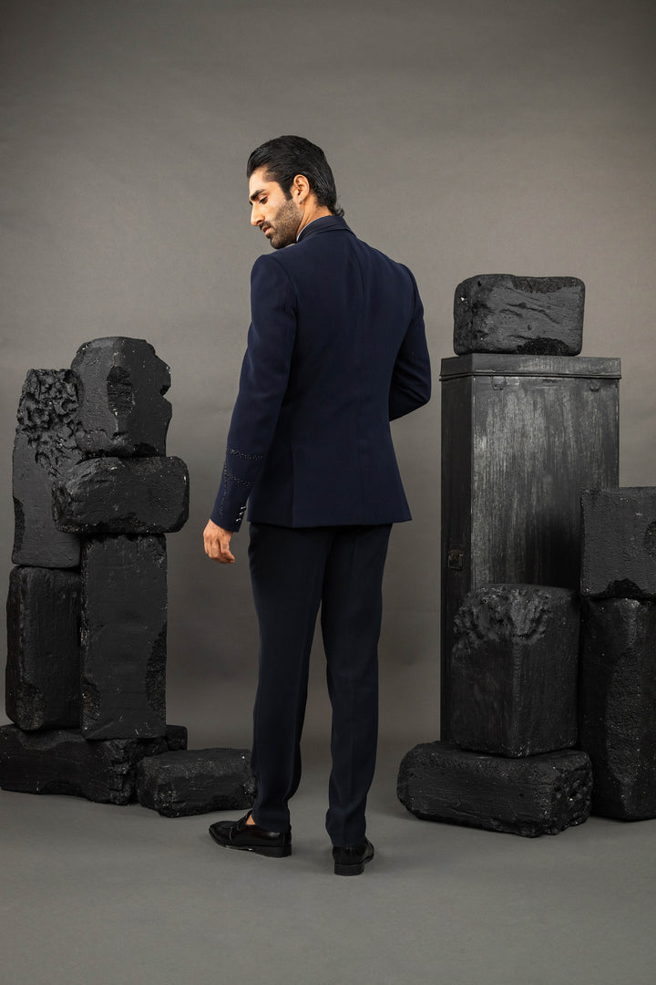 Blue Japanese Fabric Hand Embroidered Tuxedo Set