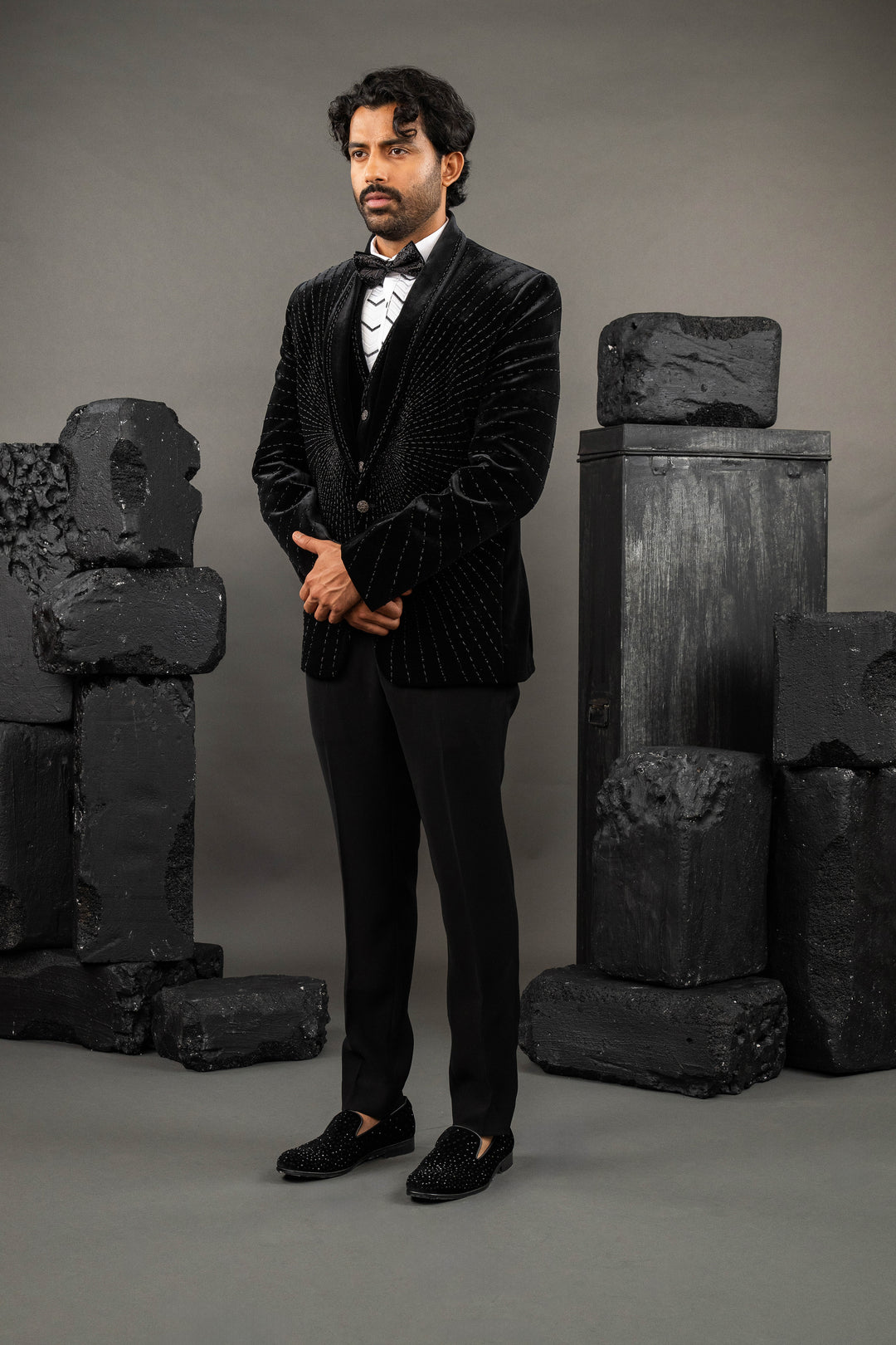 Black Velvet Embellished Tuxedo Set