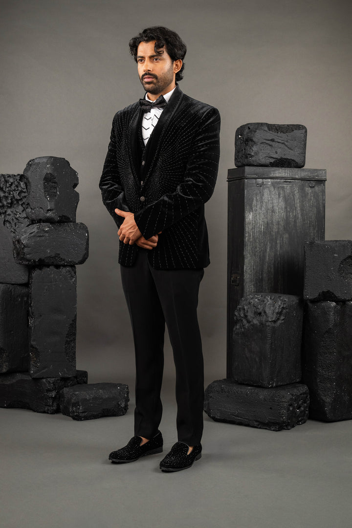 Black Velvet Embellished Tuxedo Set