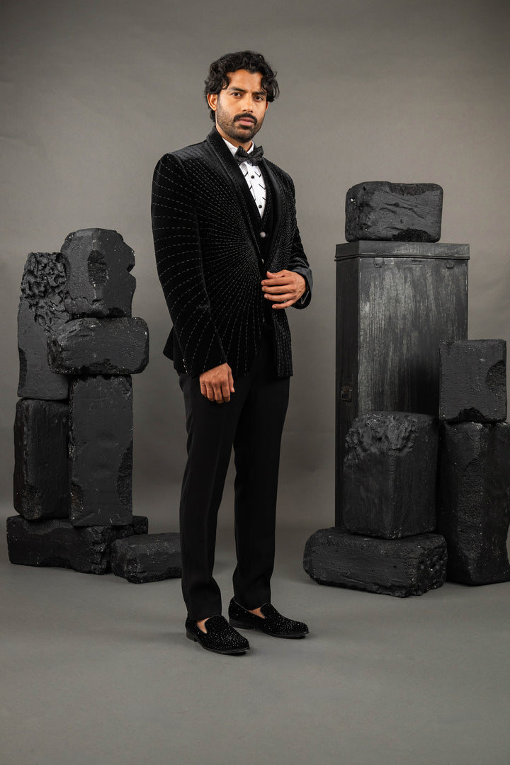 Black Velvet Embellished Tuxedo Set