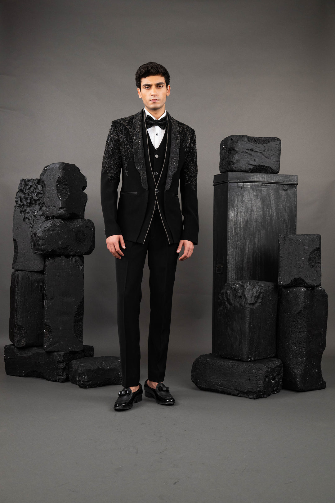 Black Japanese Fabric Embellished Tuxedo Set