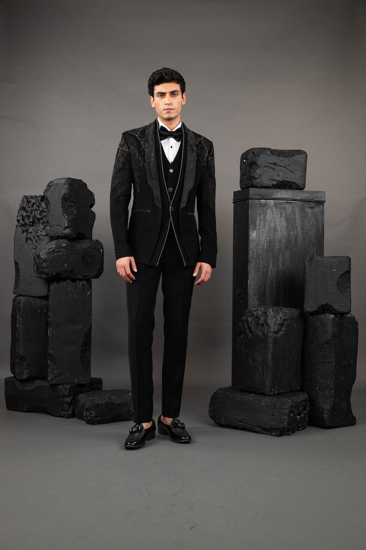 Black Japanese Fabric Embellished Tuxedo Set