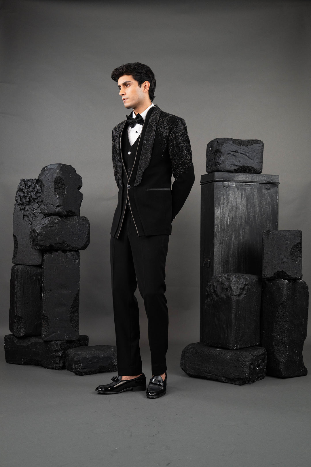 Black Japanese Fabric Embellished Tuxedo Set – Image 4