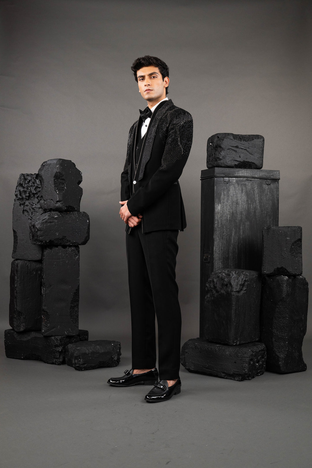 Black Japanese Fabric Embellished Tuxedo Set – Image 5