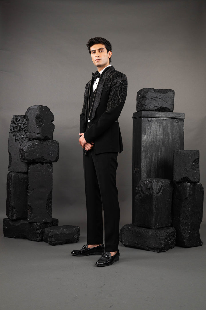 Black Japanese Fabric Embellished Tuxedo Set