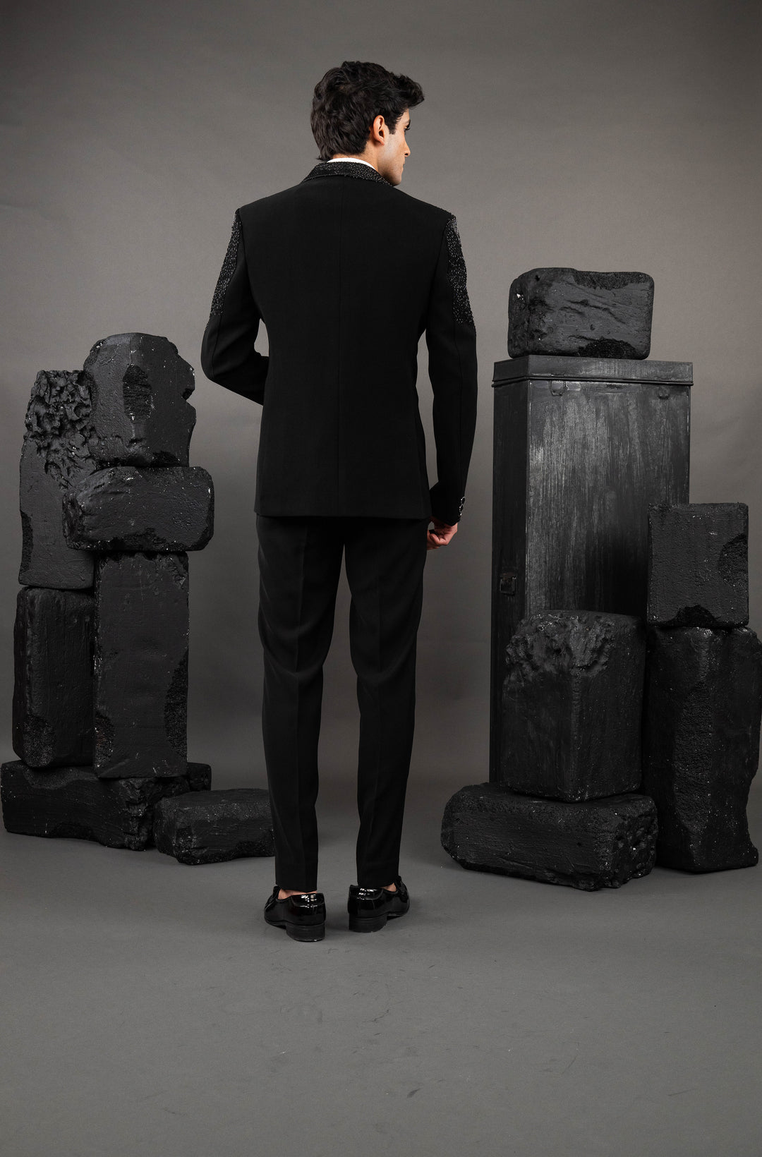 Black Japanese Fabric Embellished Tuxedo Set – Image 2