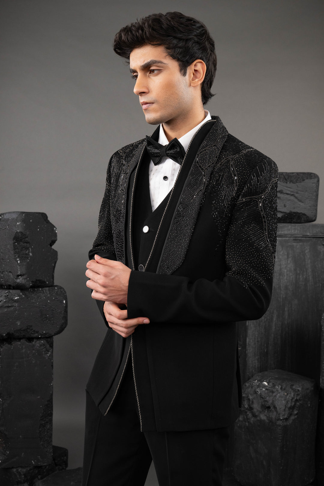 Black Japanese Fabric Embellished Tuxedo Set – Image 6