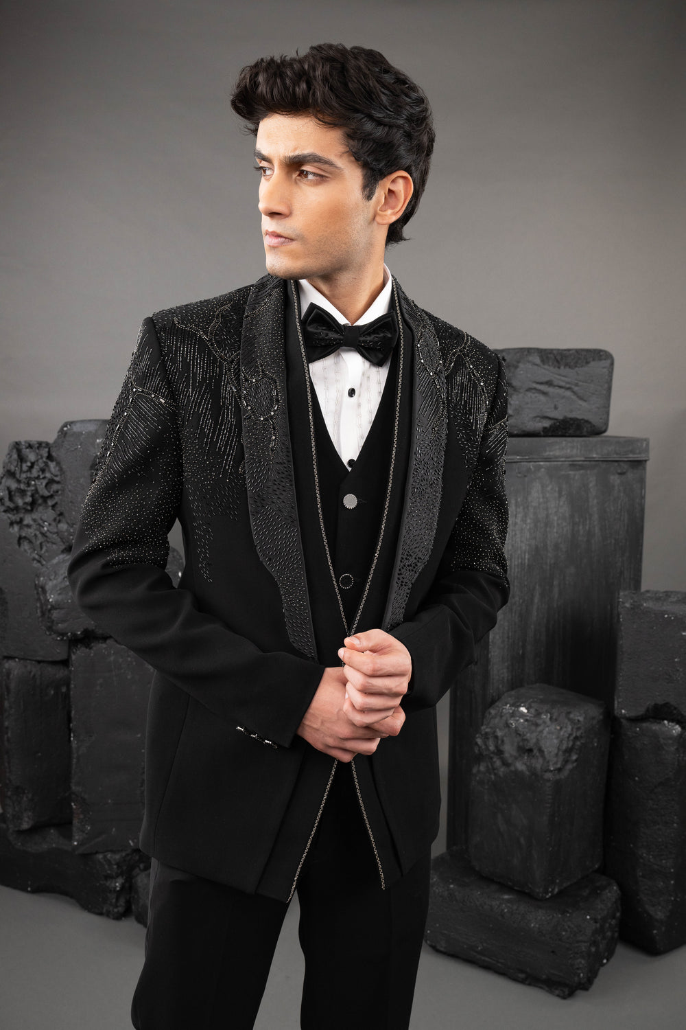 Black Japanese Fabric Embellished Tuxedo Set