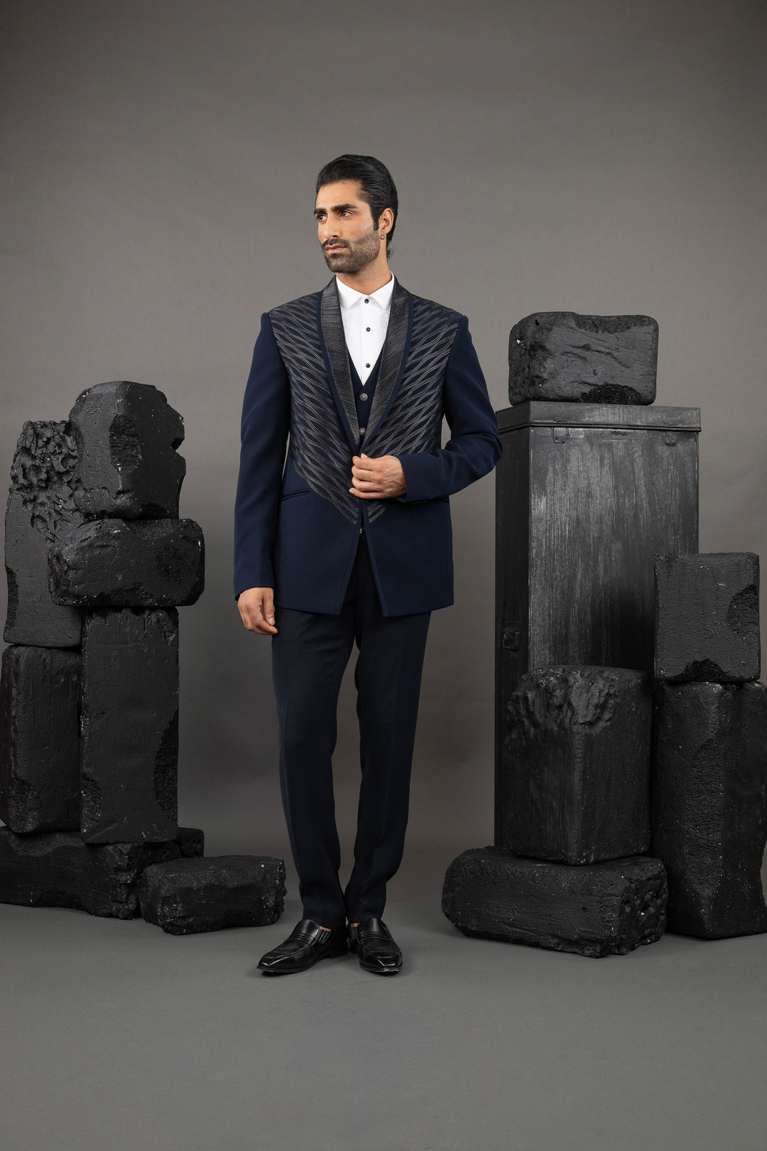 Blue Japanese Fabric Embellished Tuxedo Set