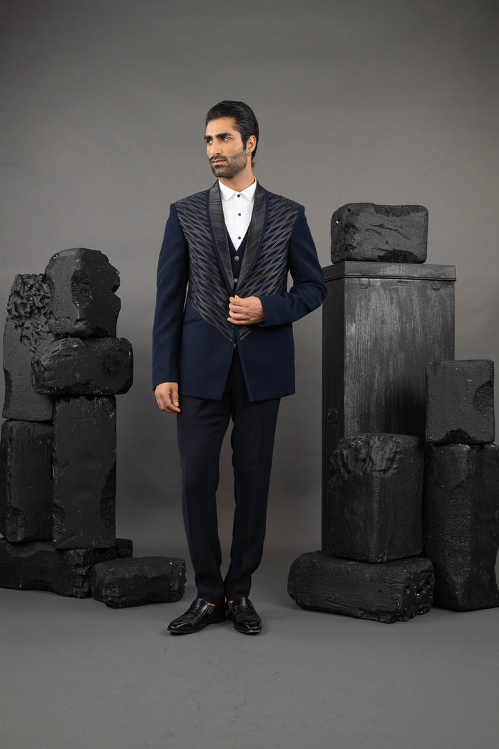 Blue Japanese Fabric Embellished Tuxedo Set