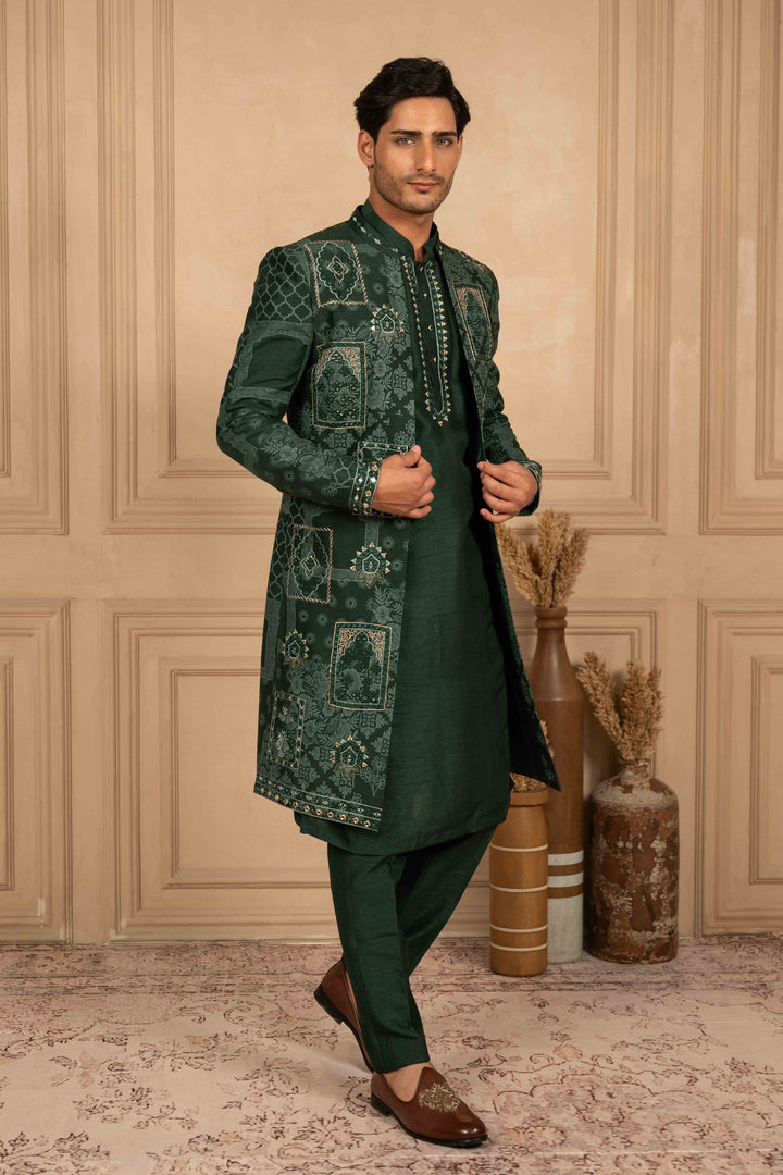 BOTTLE GREEN INDO-WESTERN SET