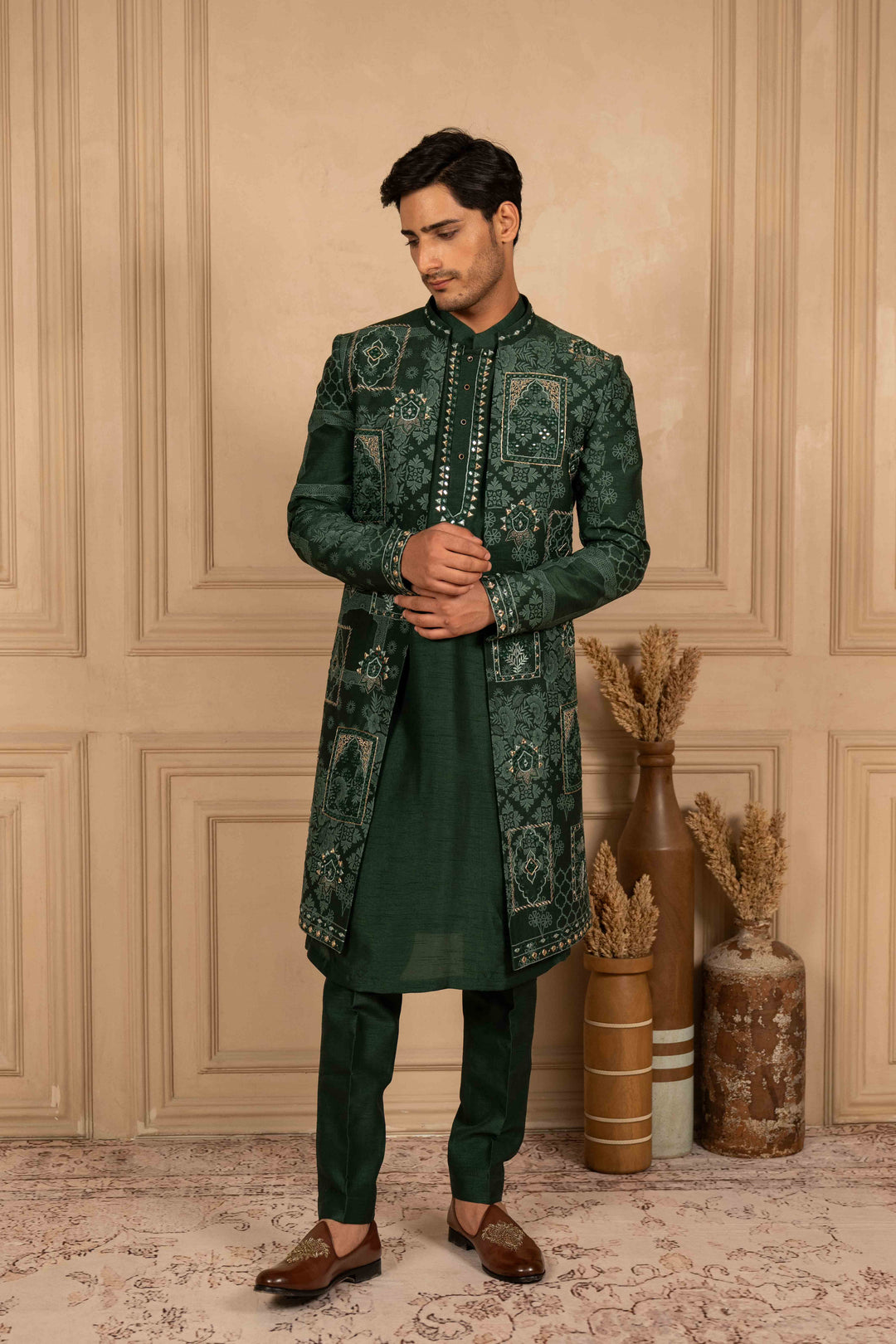 BOTTLE GREEN INDO-WESTERN SET