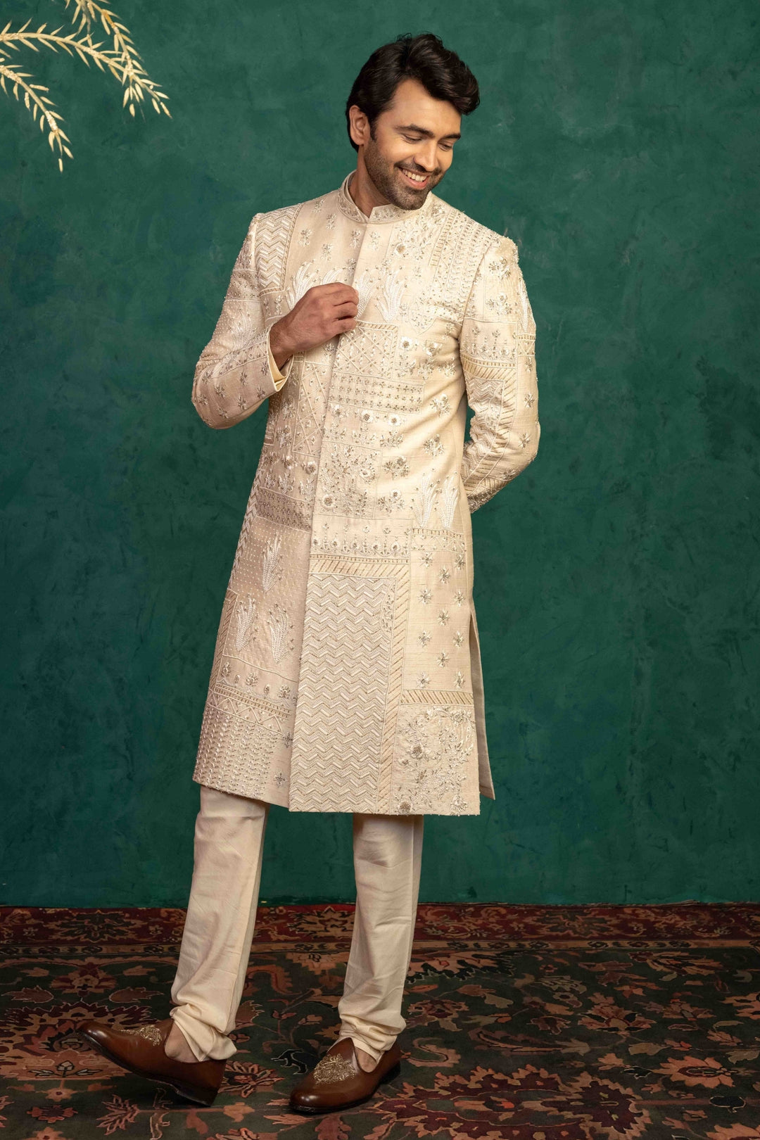 Beige Silk  Sherwani – Image 5