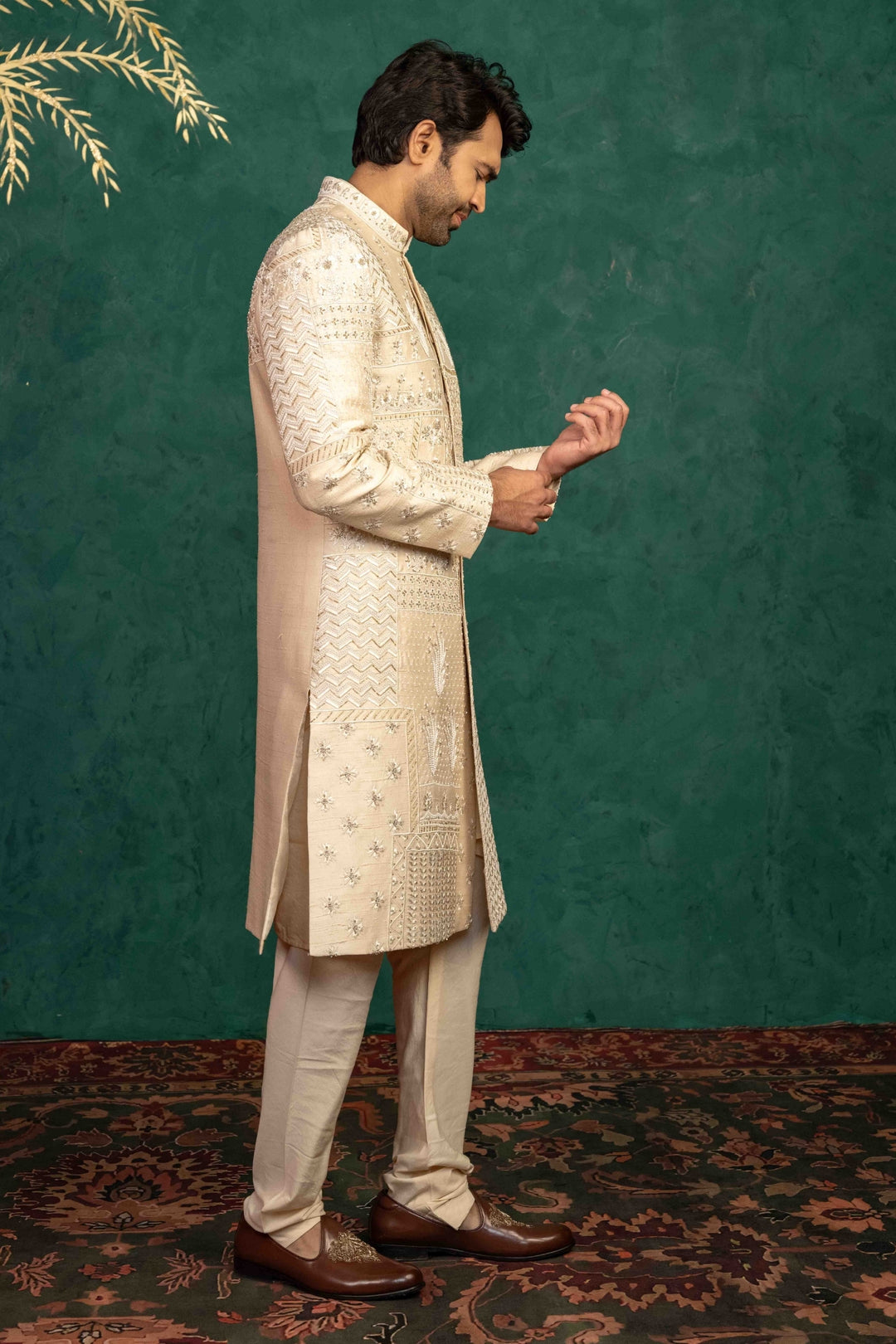 Beige Silk  Sherwani – Image 6
