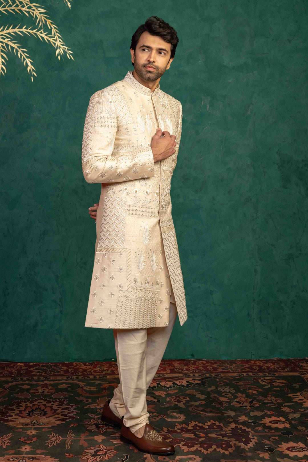 Beige Silk  Sherwani – Image 7