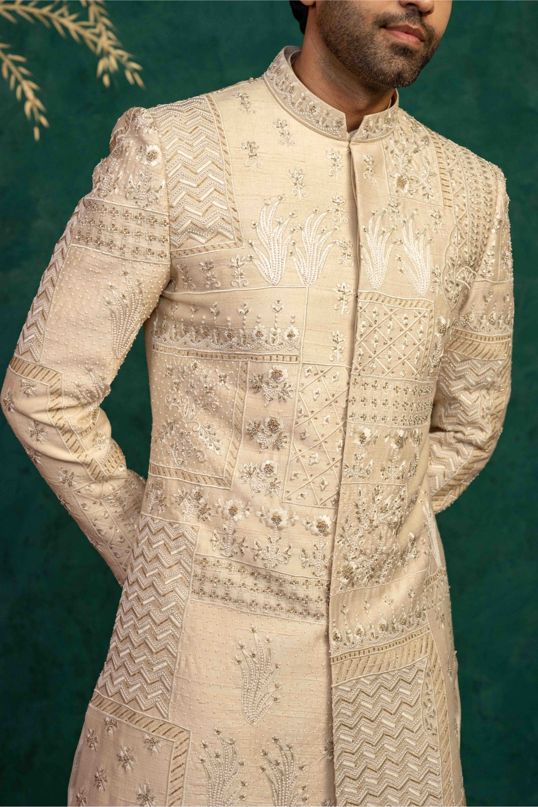 Beige Silk  Sherwani – Image 8