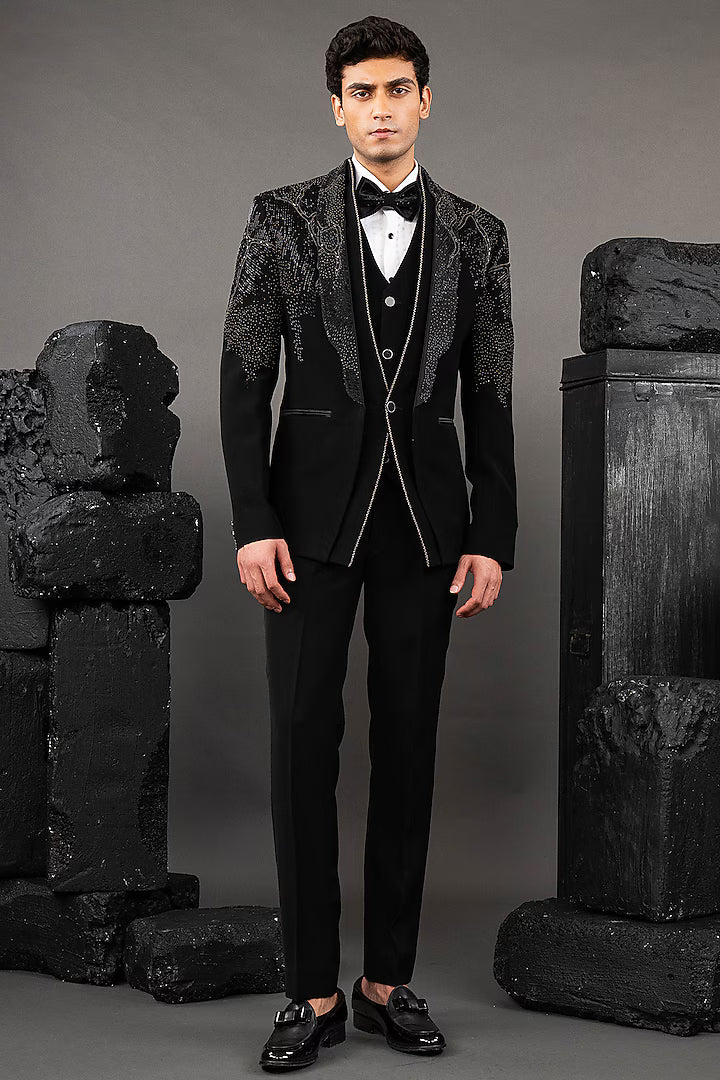 Black Japanese Fabric Embellished Tuxedo Set