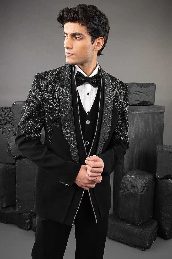 Black Japanese Fabric Embellished Tuxedo Set