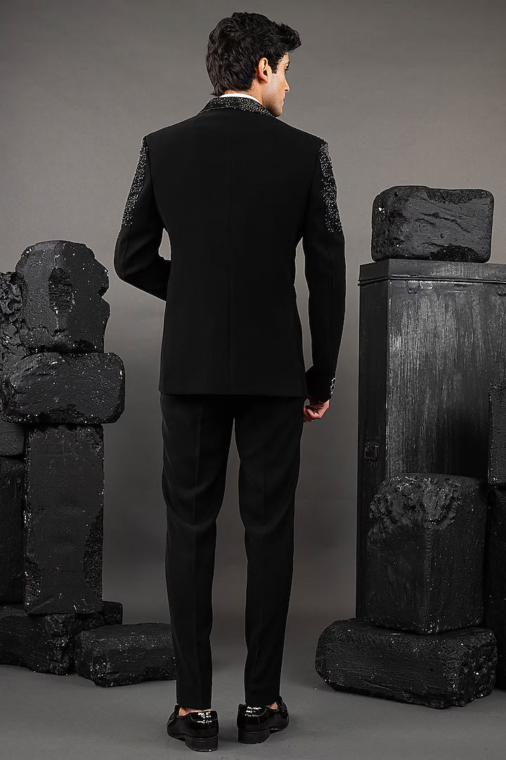 Black Japanese Fabric Embellished Tuxedo Set – Image 4