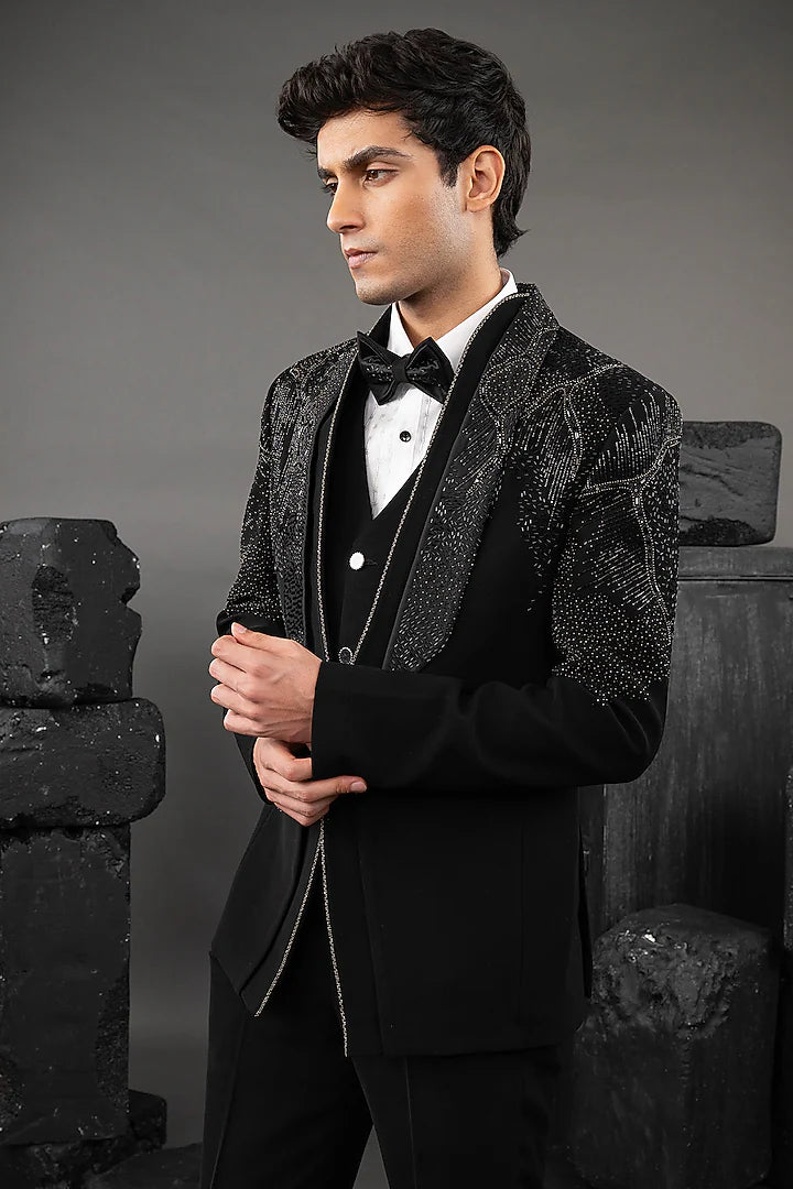 Black Japanese Fabric Embellished Tuxedo Set