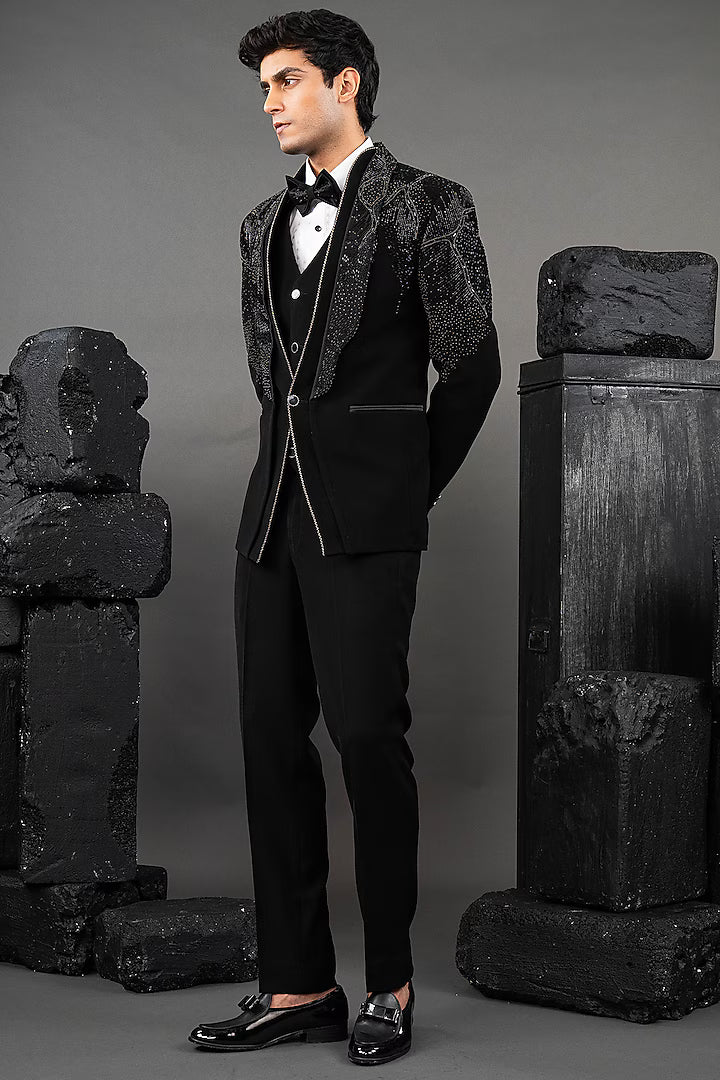 Black Japanese Fabric Embellished Tuxedo Set – Image 3