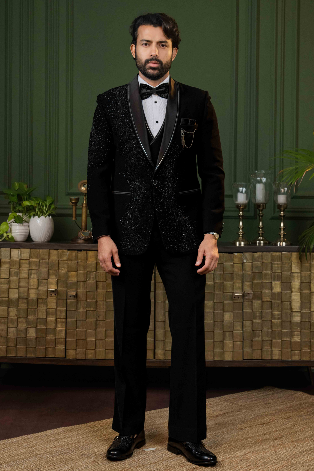 Black - Cutdana & Pearls - Polyester Lycra - Tuxedo – Image 3