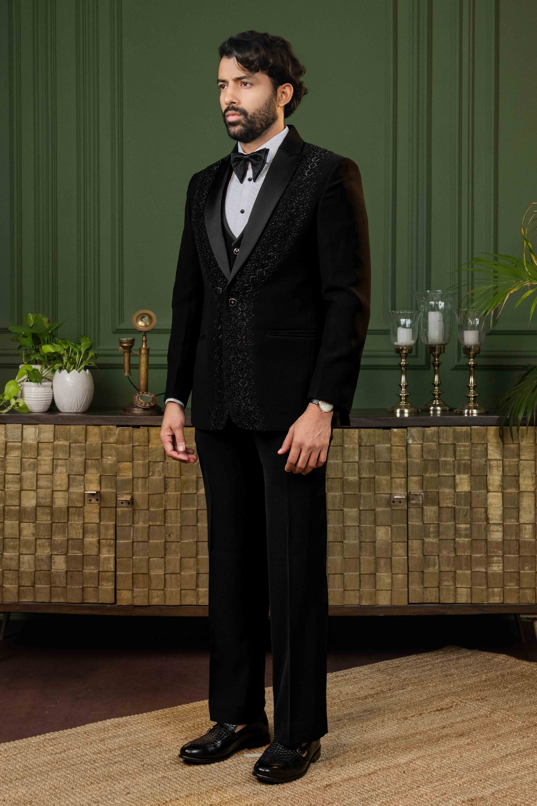 Black - Cutdana & Pearls - Polyester Lycra - Tuxedo – Image 2