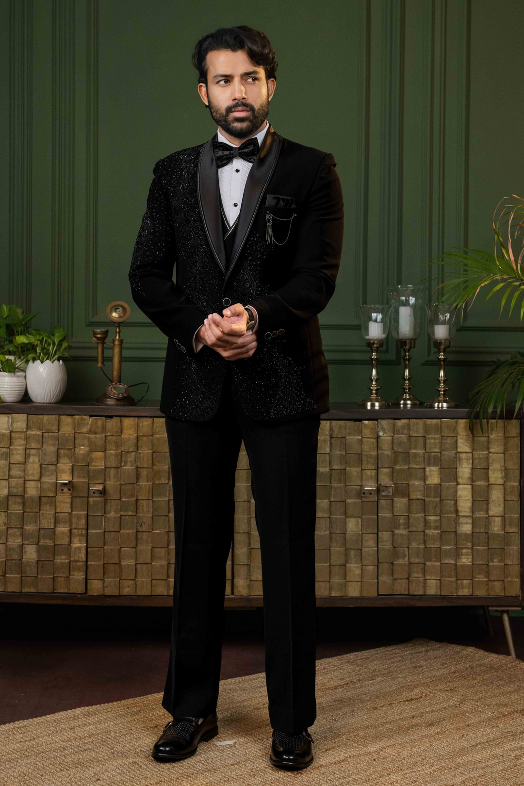Black - Cutdana & Pearls - Polyester Lycra - Tuxedo – Image 1