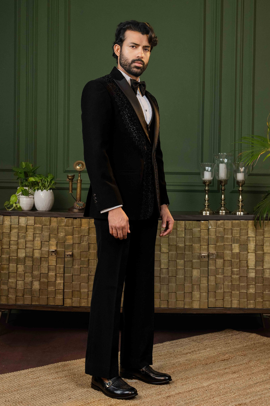 Black - Cutdana & Pearls - Polyester Lycra - Tuxedo – Image 3