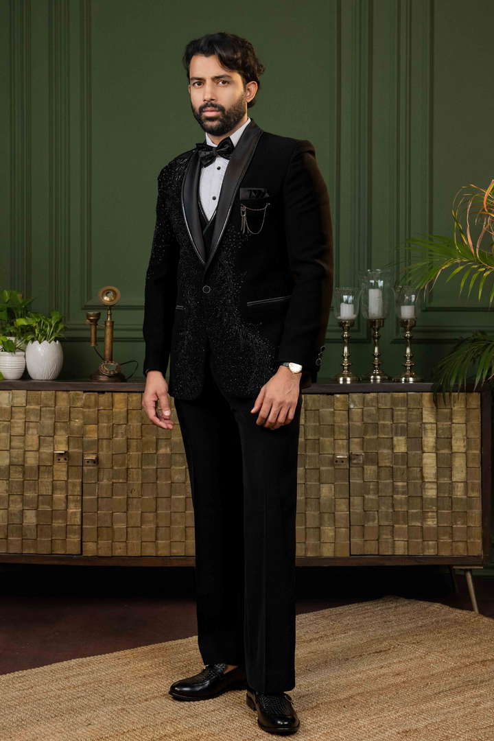 Black - Cutdana & Pearls - Polyester Lycra - Tuxedo