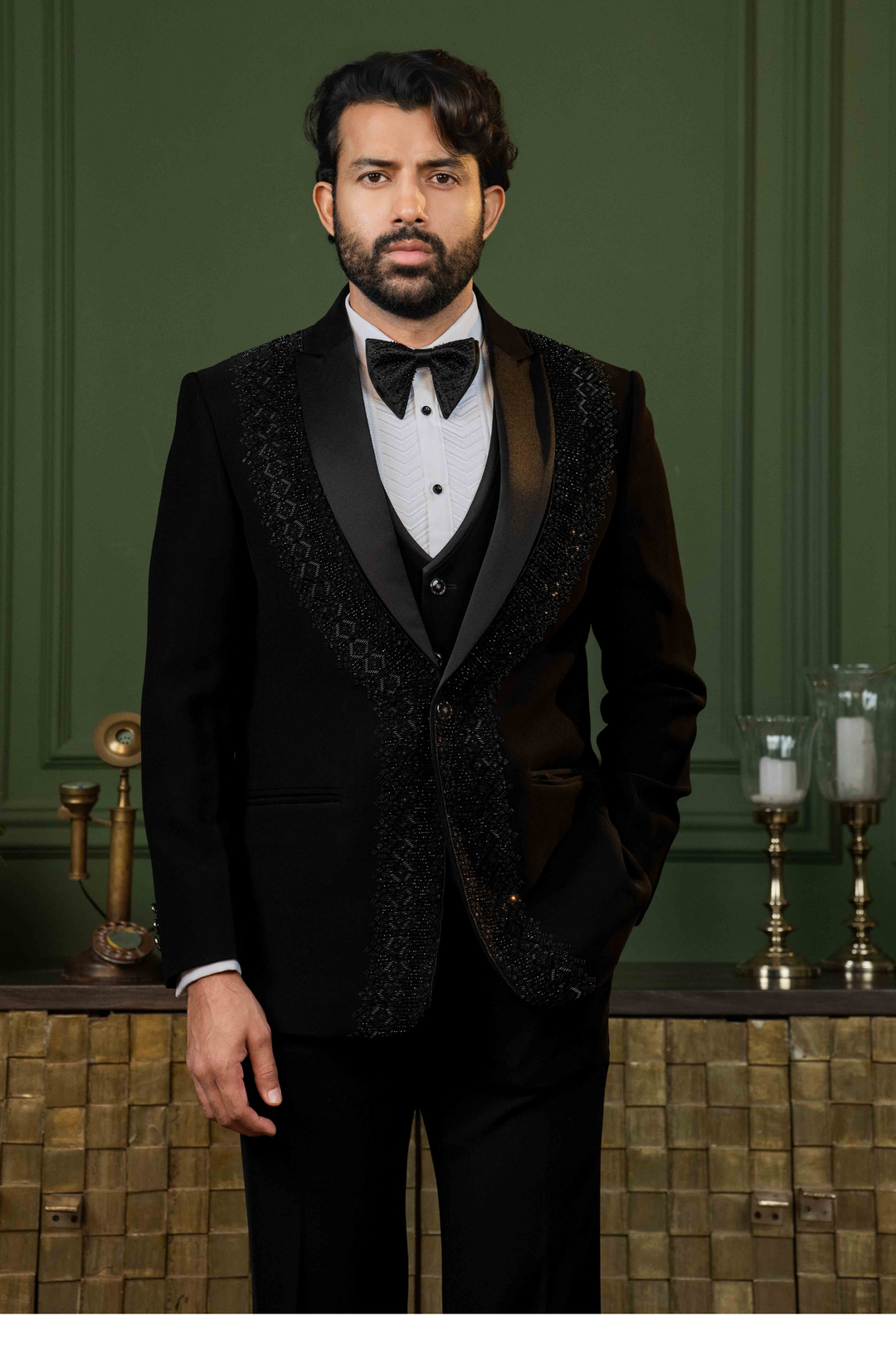 Black - Cutdana & Pearls - Polyester Lycra - Tuxedo – Image 1
