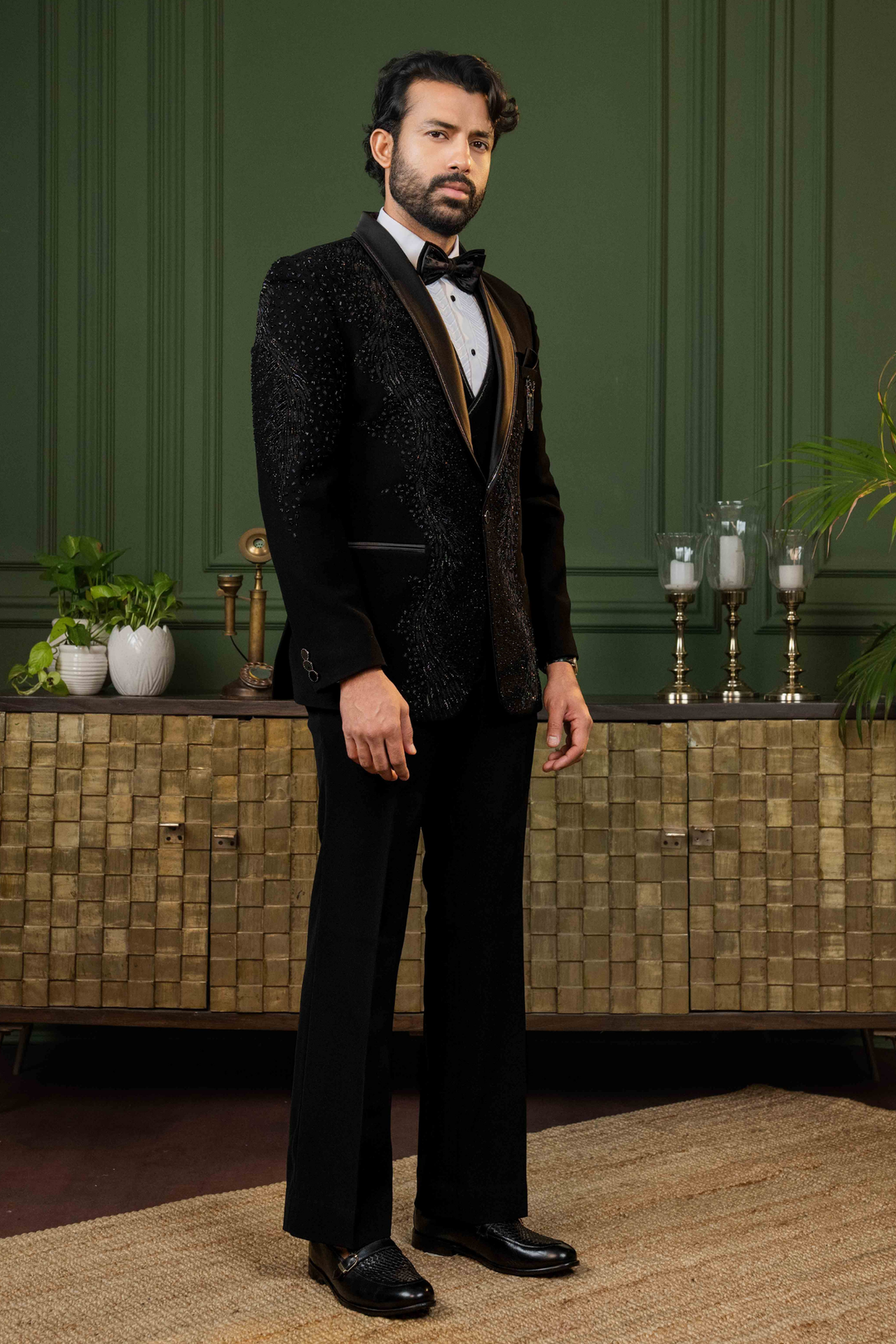 Black - Cutdana & Pearls - Polyester Lycra - Tuxedo – Image 5