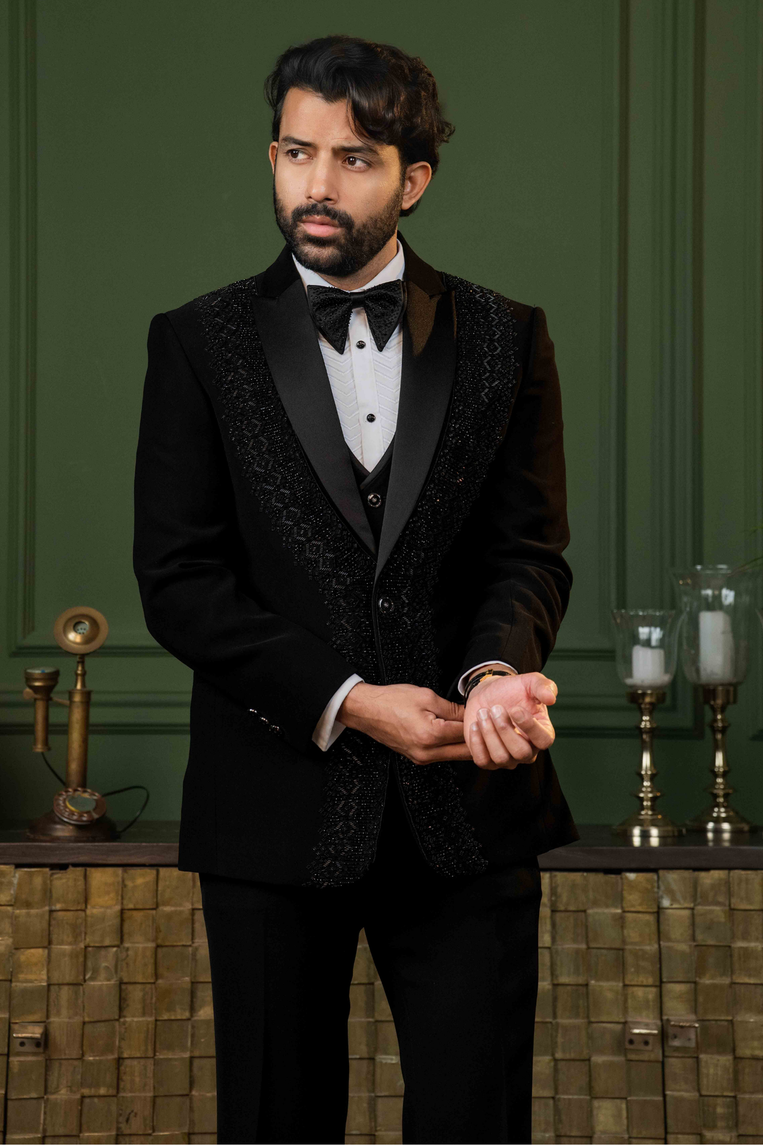 Black - Cutdana & Pearls - Polyester Lycra - Tuxedo – Image 4