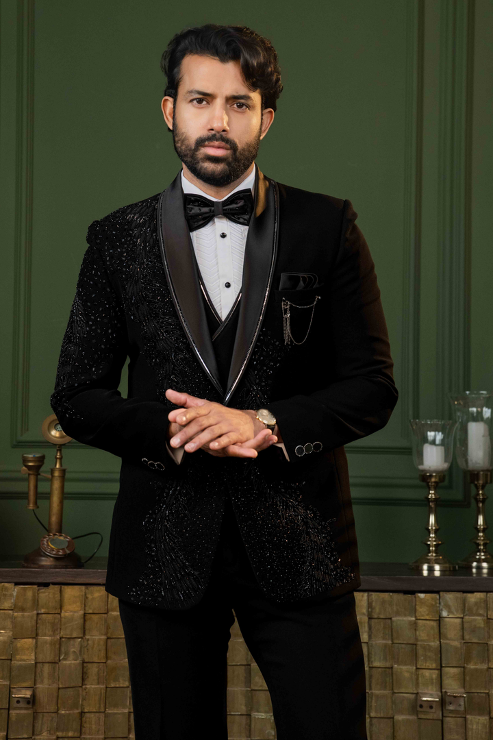 Black - Cutdana & Pearls - Polyester Lycra - Tuxedo